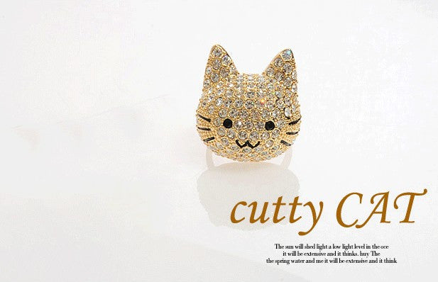 Crystal Gold Tone Cocktail Cat Ring - PitaPats.com
