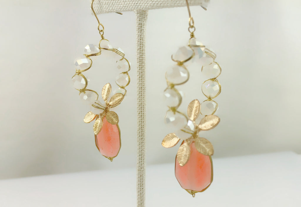 HANDMADE OOAK Apricot Stone with White Crystal Earring - PitaPats.com