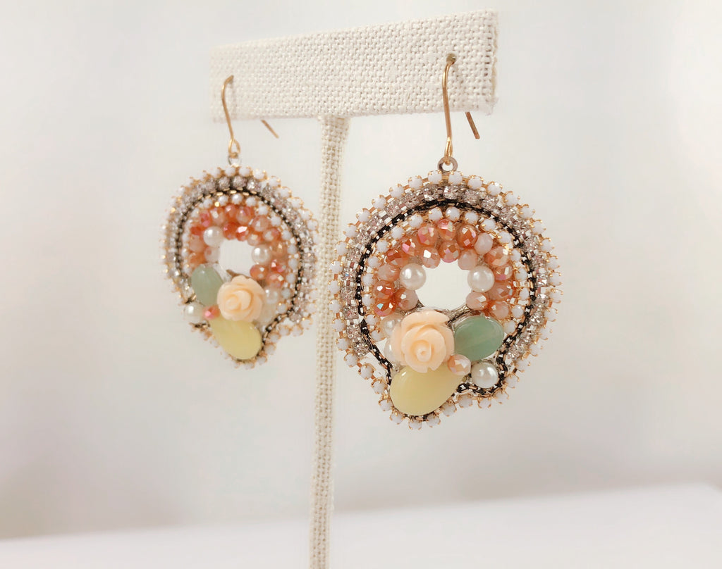 HANDMADE OOAK Vintage Style Circle Multi Stoned With Roes Earring - PitaPats.com