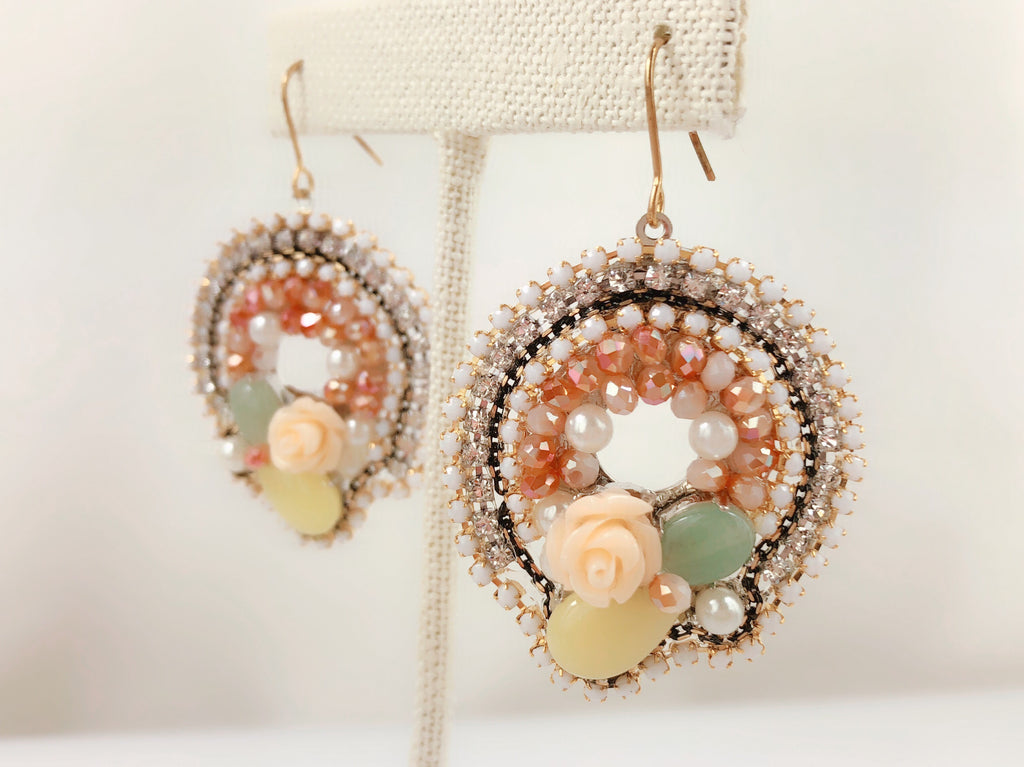 HANDMADE OOAK Vintage Style Circle Multi Stoned With Roes Earring - PitaPats.com