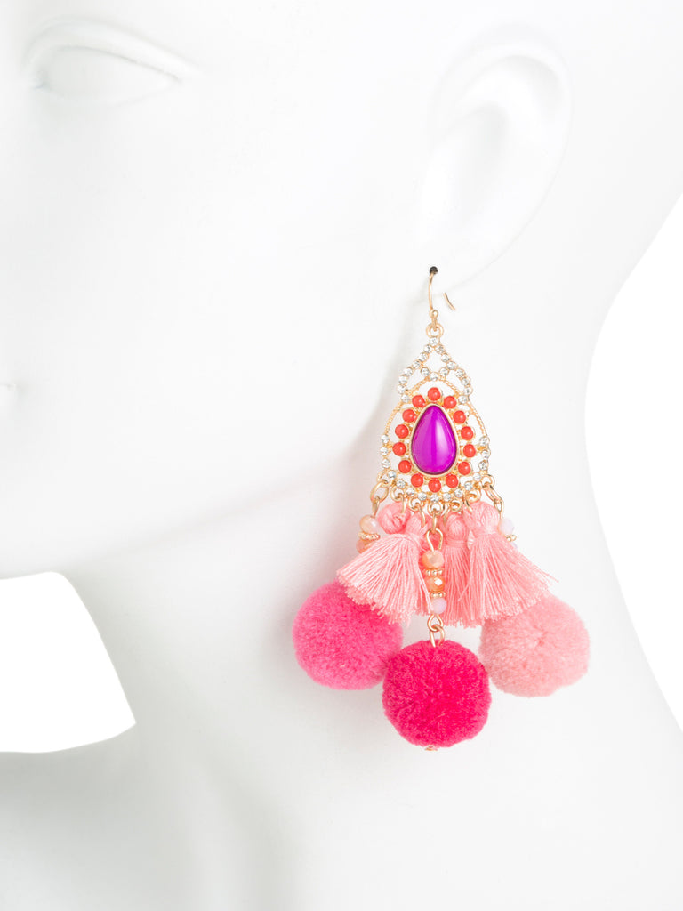 NOIR Pom Pom Chandelier Pink Earrings - PitaPats.com
