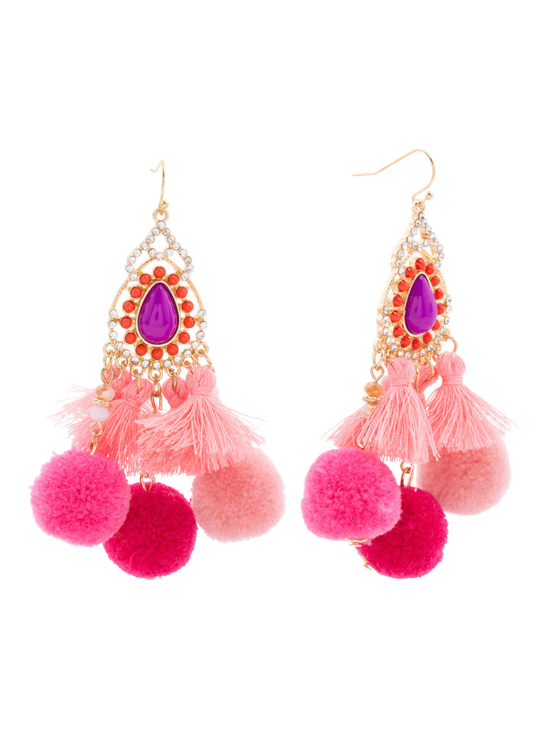 NOIR Pom Pom Chandelier Pink Earrings - PitaPats.com
