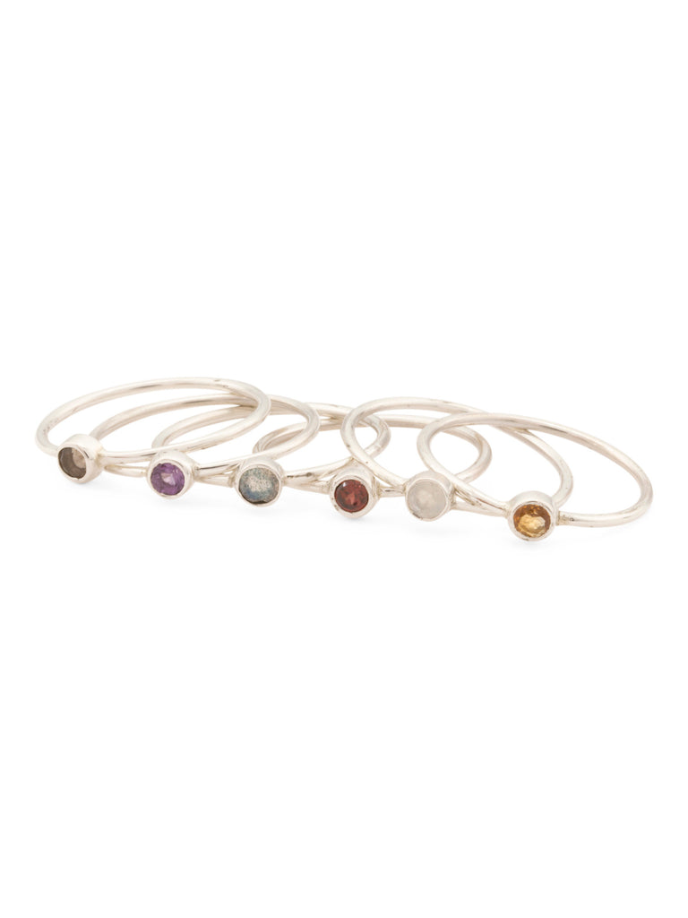 TEOCALLI Made In India Sterling Silver Multi Gemstone 6 Stack Ring - PitaPats.com