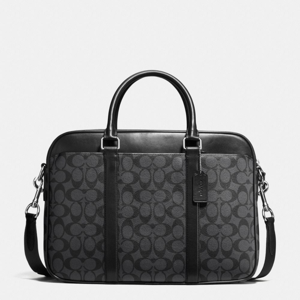Coach Black Signature Coated Canvas and Leather Perry Slim Laptop Bag Coach