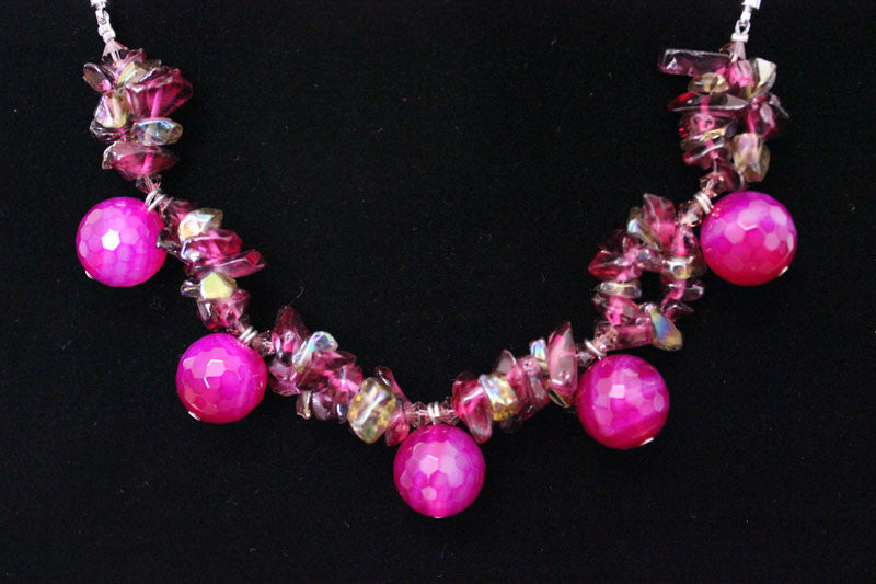 Natural Stone & Glass & Beads Necklace - Dark Fuisha Pink - PitaPats.com