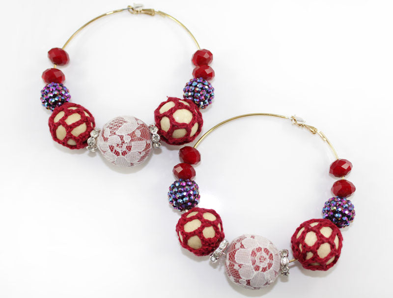 Crochet , Lace, Beads Mega Hoop Earring - Red - PitaPats.com
