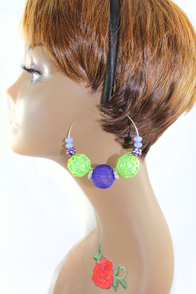 Crochet , Lace, Beads Mega Hoop Earring - Blue - PitaPats.com