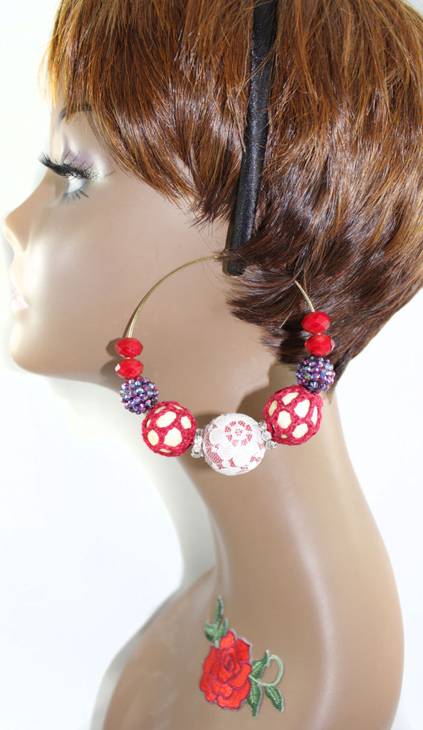 Crochet , Lace, Beads Mega Hoop Earring - Red - PitaPats.com