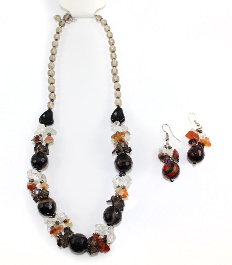 Natural Stone & Glass & Beads Multi Color Necklace and Earrings Set - Black - PitaPats.com