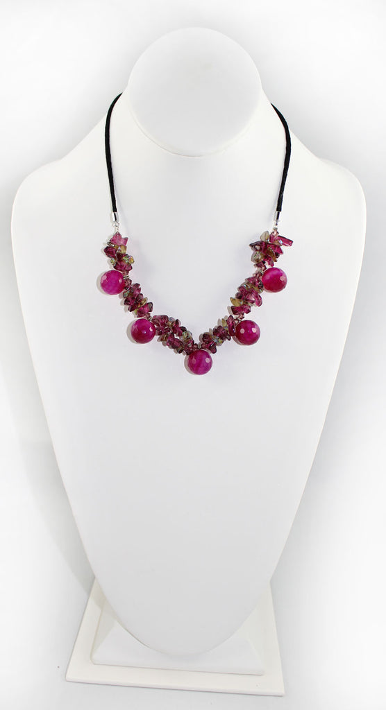 Natural Stone & Glass & Beads Necklace - Dark Fuisha Pink - PitaPats.com