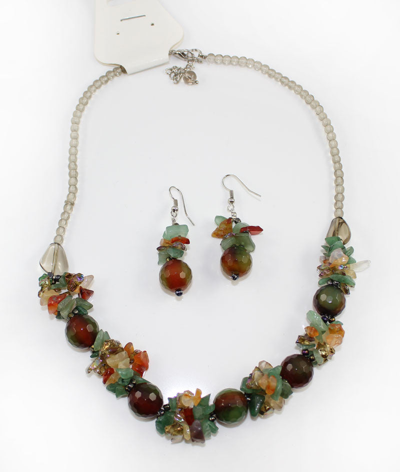 Natural Stone & Glass & Beads Multi Color Necklace and Earrings Set - Raddish Green - PitaPats.com