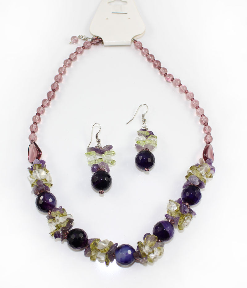 Natural Stone & Glass & Beads Multi Color Necklace and Earrings Set - Purple - PitaPats.com