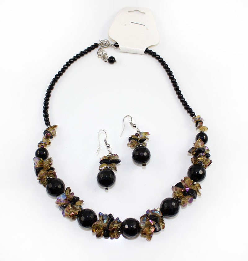 Natural Stone & Glass & Beads Multi Color Necklace and Earrings Set - Black Brown - PitaPats.com