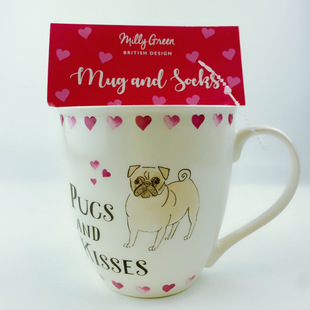 Milly Green British Design Pugs And Kisses Dog Coffee Mug Tea Cup With Sock Set