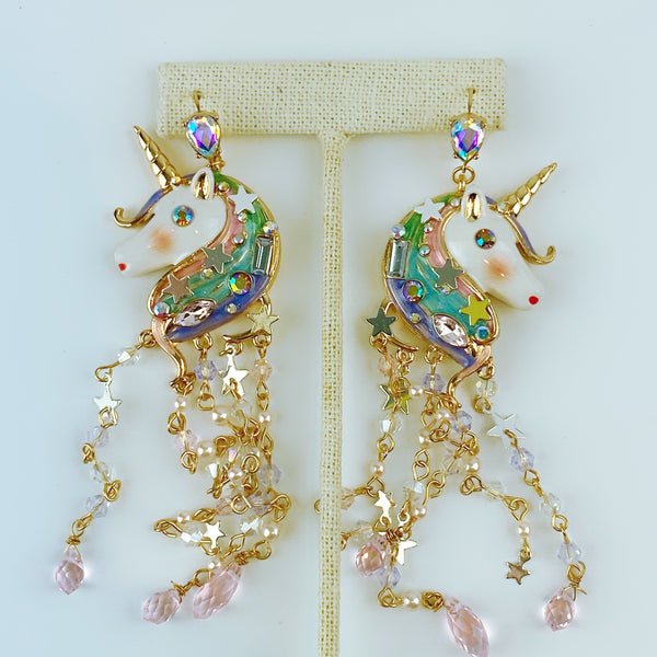 Betsey Johnson Gold-Tone Crystal & Bead Imitation Pearl Unicorn Fringe  Chandelier Earrings
