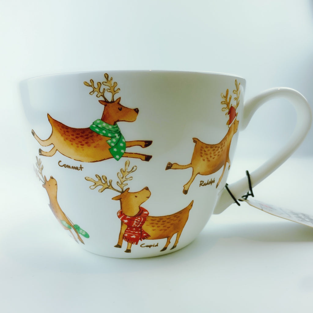 Santa's Christmas Reindeer Mug Festive with Spoon and Santa Hat Lid -  Ceramic Microwave & Dishwasher Safe - 14oz Holiday Mugs for Coffee, Hot